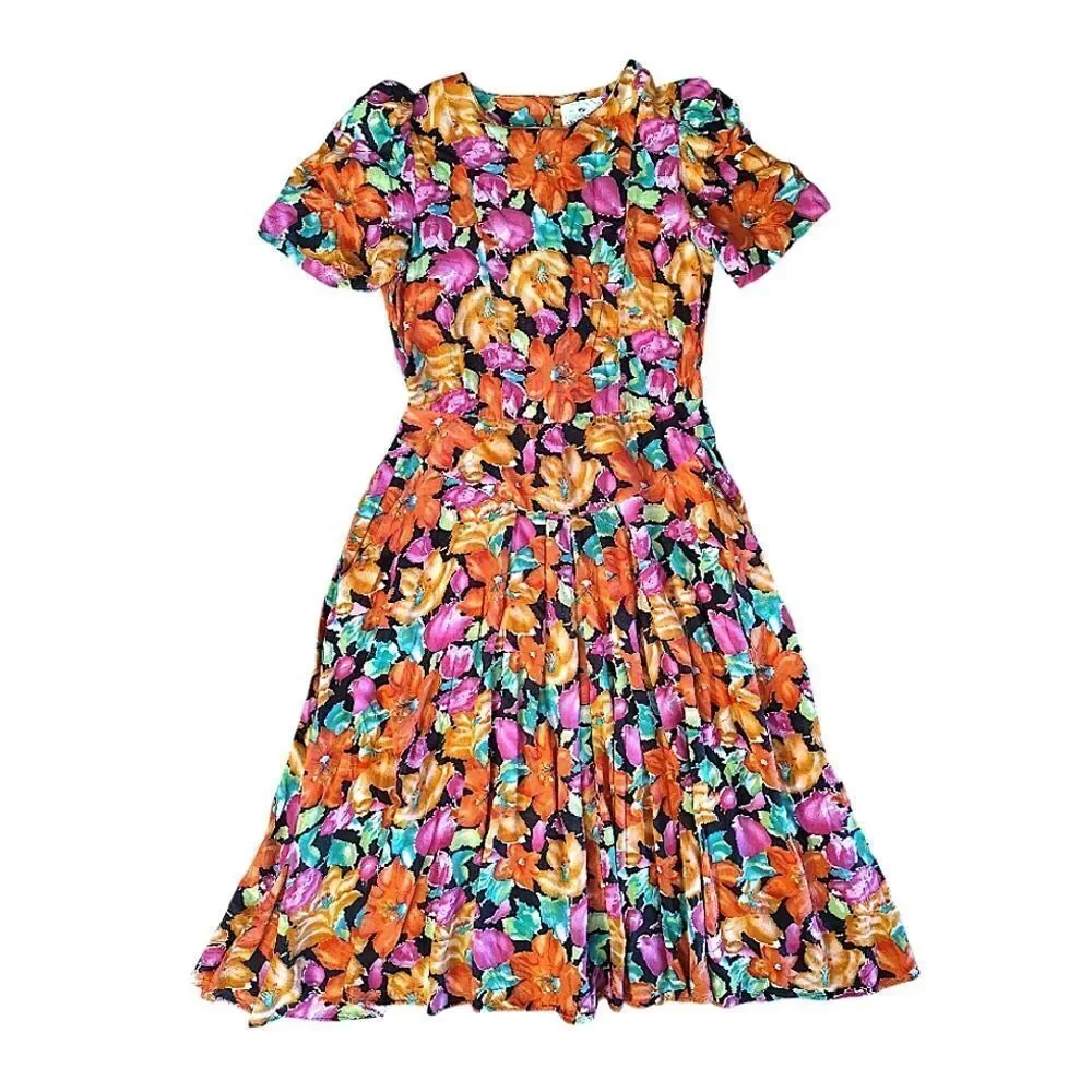 VTG 80s Bright Floral V Waist Midi Dress SZ 12 *Fits like Med Gardencore‎